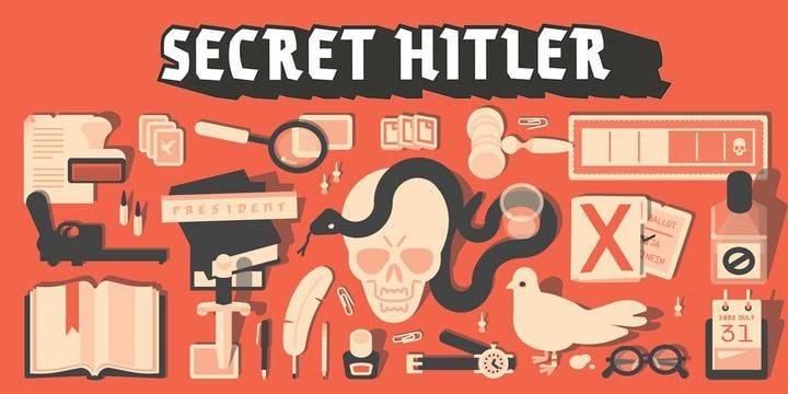 Secret Hitler box cover, filled with lots of little details like a skull, snake, pooping pigeon, various game components, and what is likely poison.