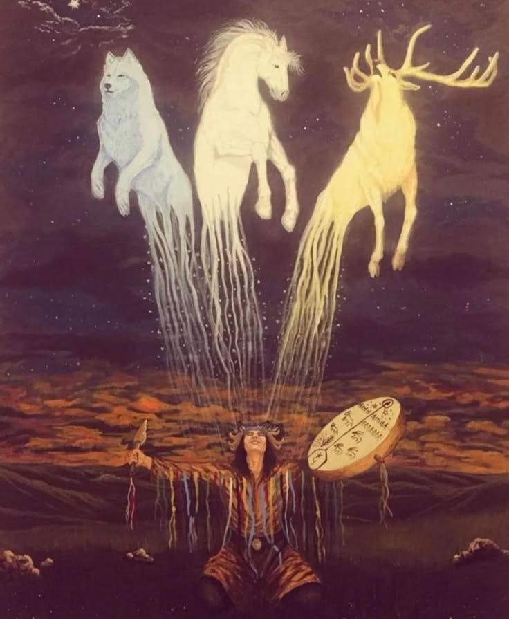 This may contain: a painting with three white horses and two men holding surfboards in front of them