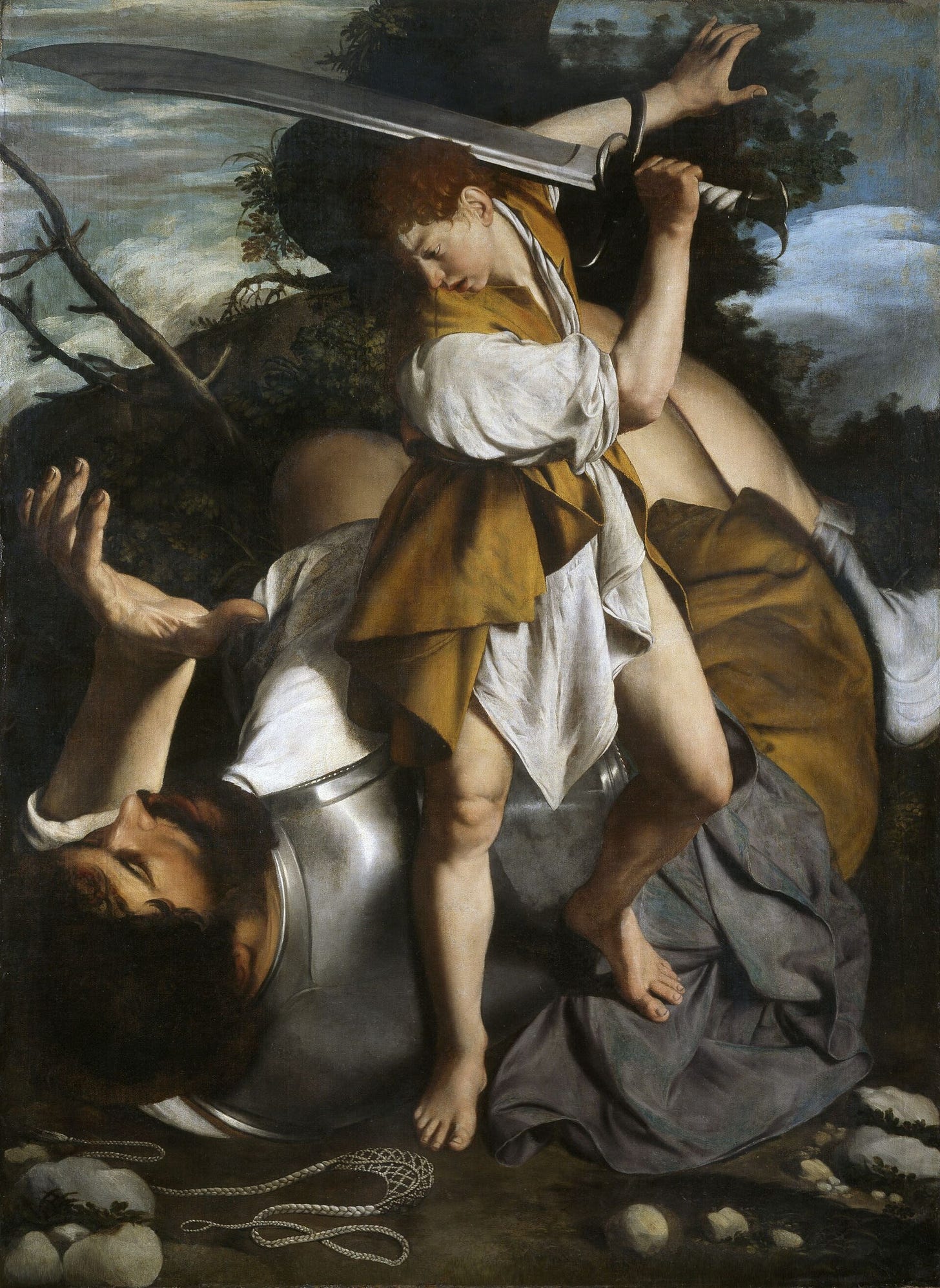 David, his sword swung high behind his head, plants his knee on the fallen Goliath and grips him by the hair. David, his sword swung high behind his head, plants his knee on the fallen Goliath and grips him by the hair.