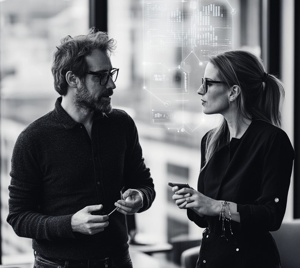 Woman and man having honest conversation about AI Business Transformation