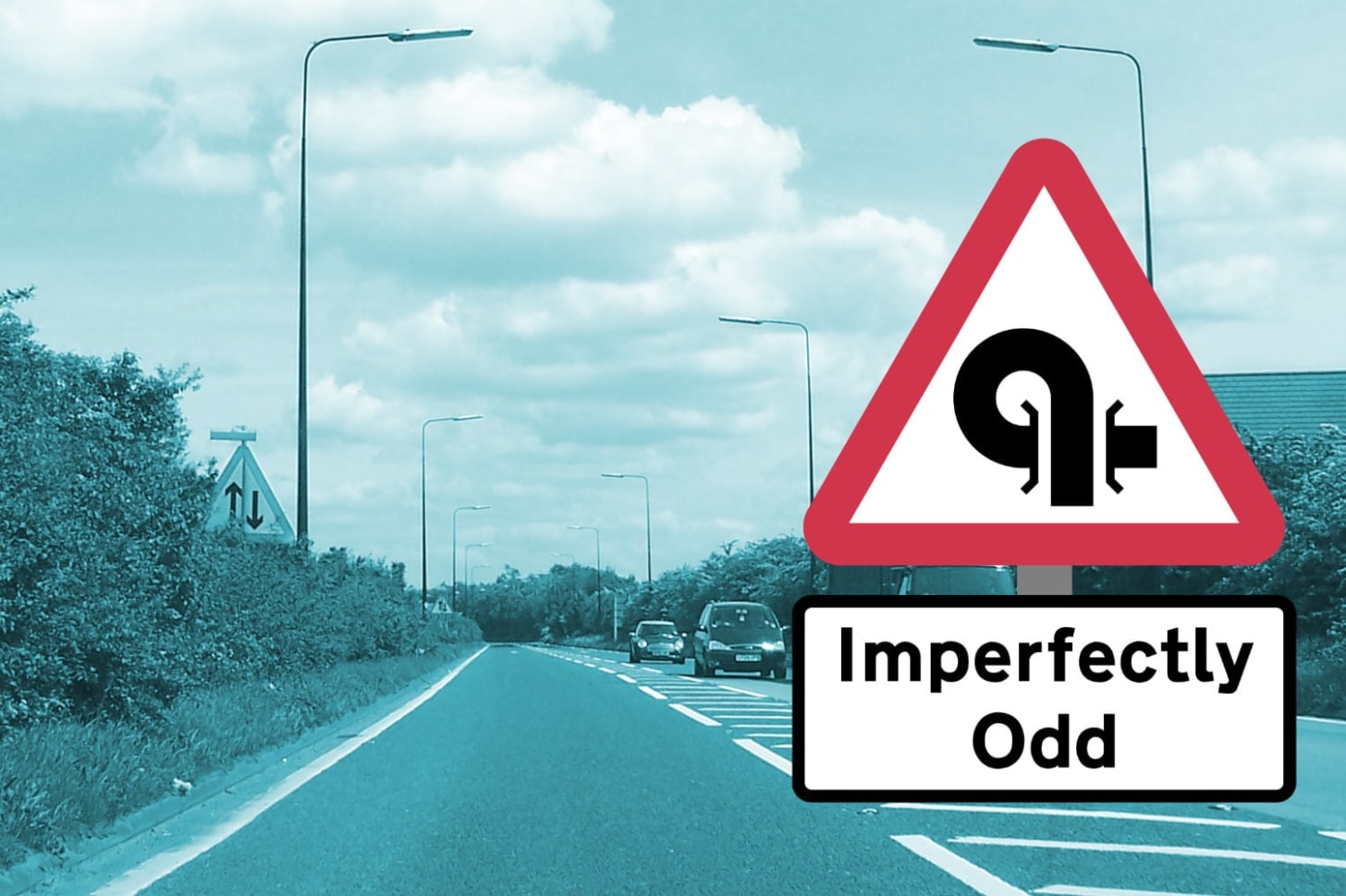 Colourised photograph of a road with a two-way warning sign. On the right is a stylised road sign logo for the "Imperfectly Odd" series Colourised photograph of a road with a two-way warning sign. On the right is a stylised road sign logo for the "Imperfectly Odd" series