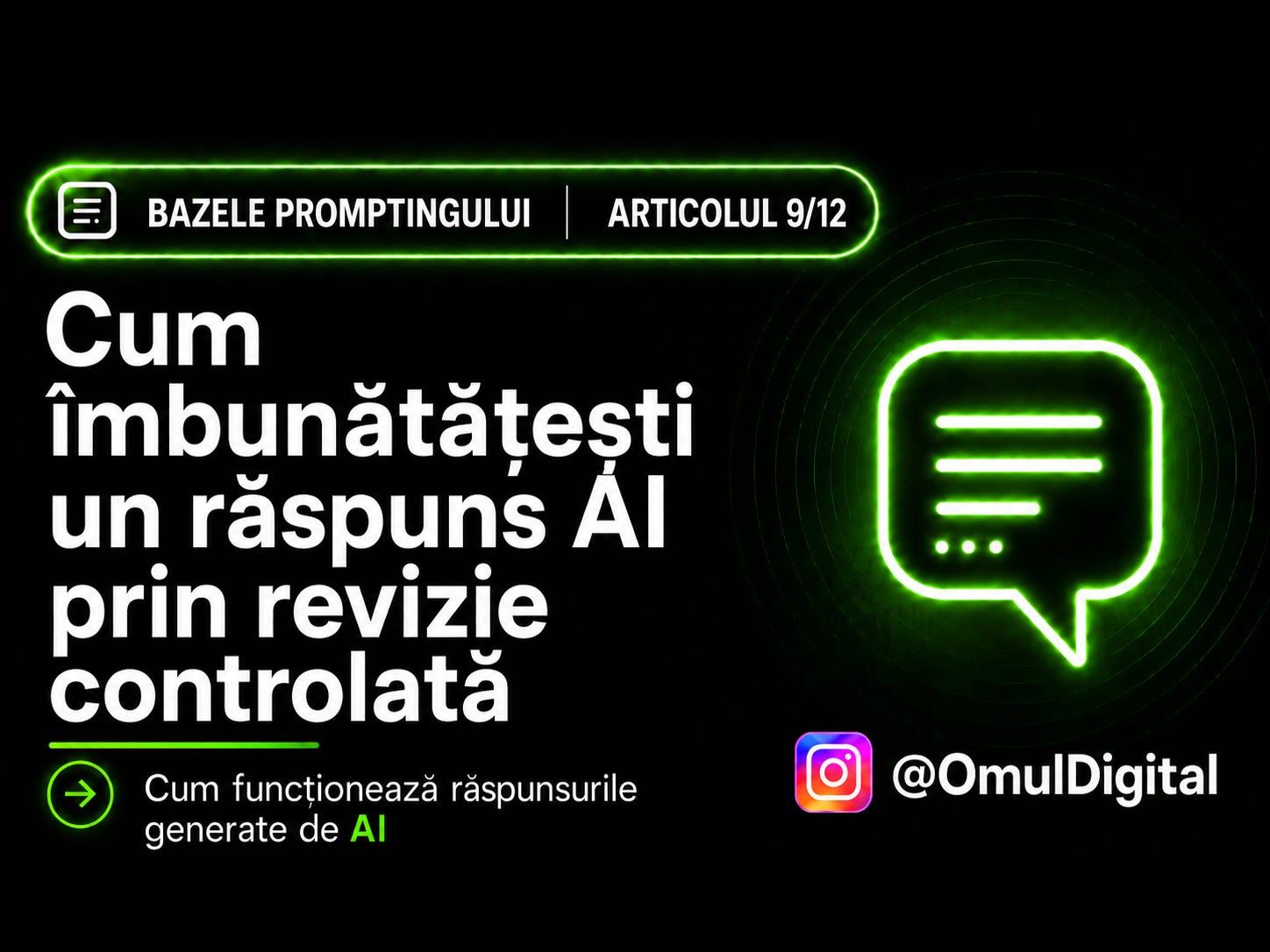 Cover pentru seria „Bazele promptingului” de la Omul Digital, cu titlul articolului, icon de chat și design mov dedicat materialelor despre prompt engineering. Cover pentru seria „Bazele promptingului” de la Omul Digital, cu titlul articolului, icon de chat și design mov dedicat materialelor despre prompt engineering.