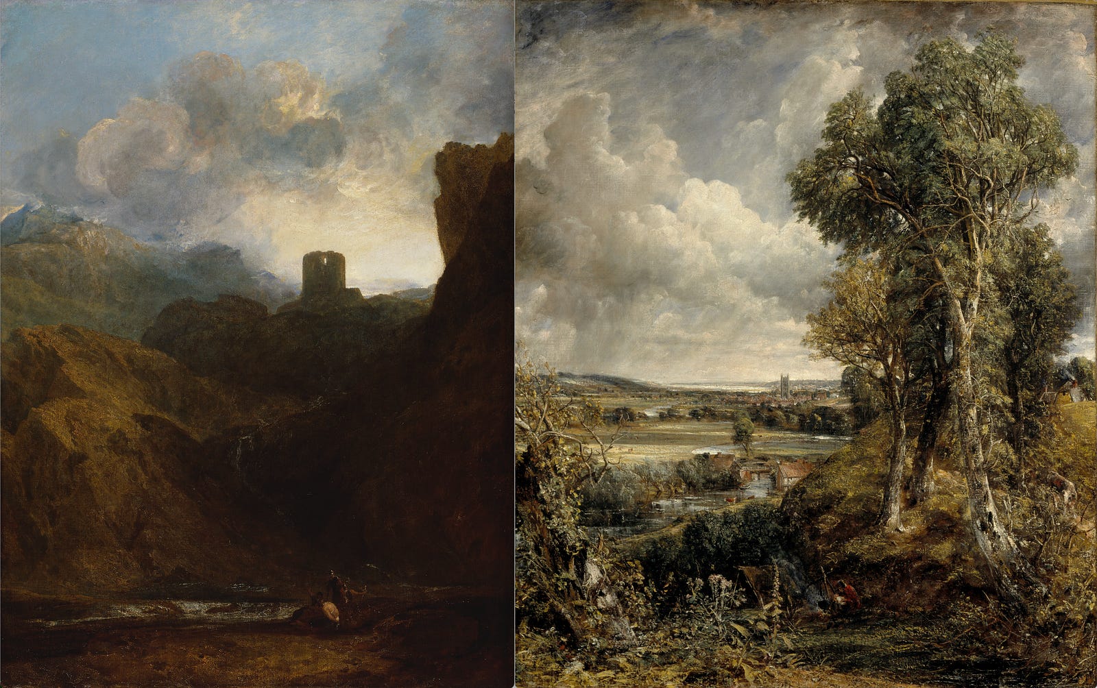 Side-by-side comparison of — Left: JMW Turner, Dolbadern Castle, North Wales, 1800. And right —  John Constable, Dedham Vale, 1828.