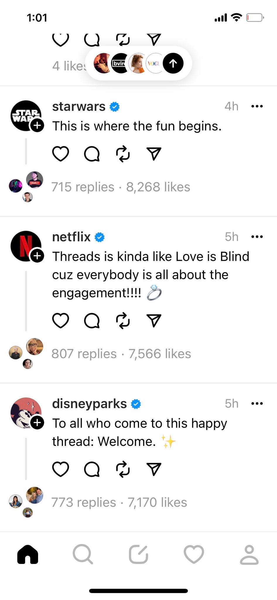 A screenshot of a Threads feed showing posts from Star Wars, Netflix, and Disney.