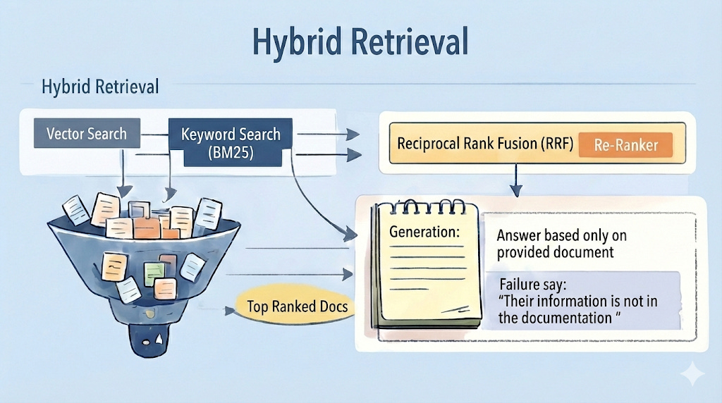Hybrid search: To build a trustworthy documentation system, do not choose between Keyword Search and Vector Search. Run both and fuse the results.