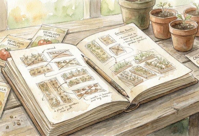 Alt Text: A close-up watercolor illustration of a garden planning scene on a wooden table. The central focus is an open notebook filled with hand-drawn sketches of garden bed layouts and handwritten notes, with a pencil resting across the pages. Scattered around the journal are seed packets labeled "Heirloom Tomato" and "Calendula," along with several small terracotta pots holding sprouting seedlings, evoking a theme of careful preparation and grounding.