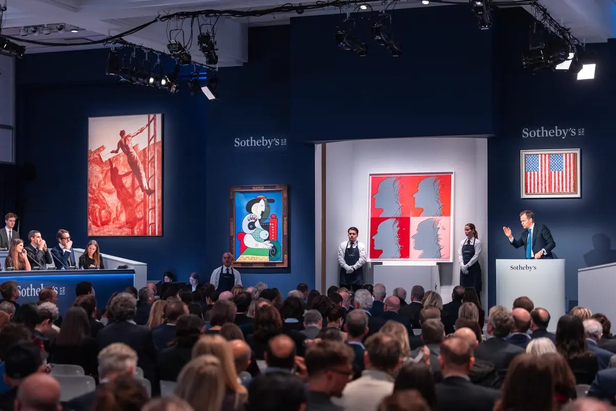 Sotheby's chairman and auctioneer Oliver Barker fielding bids during the auction of works from the collection of Emily Fisher Landau Courtesy Sotheby's Sotheby's chairman and auctioneer Oliver Barker fielding bids during the auction of works from the collection of Emily Fisher Landau Courtesy Sotheby's