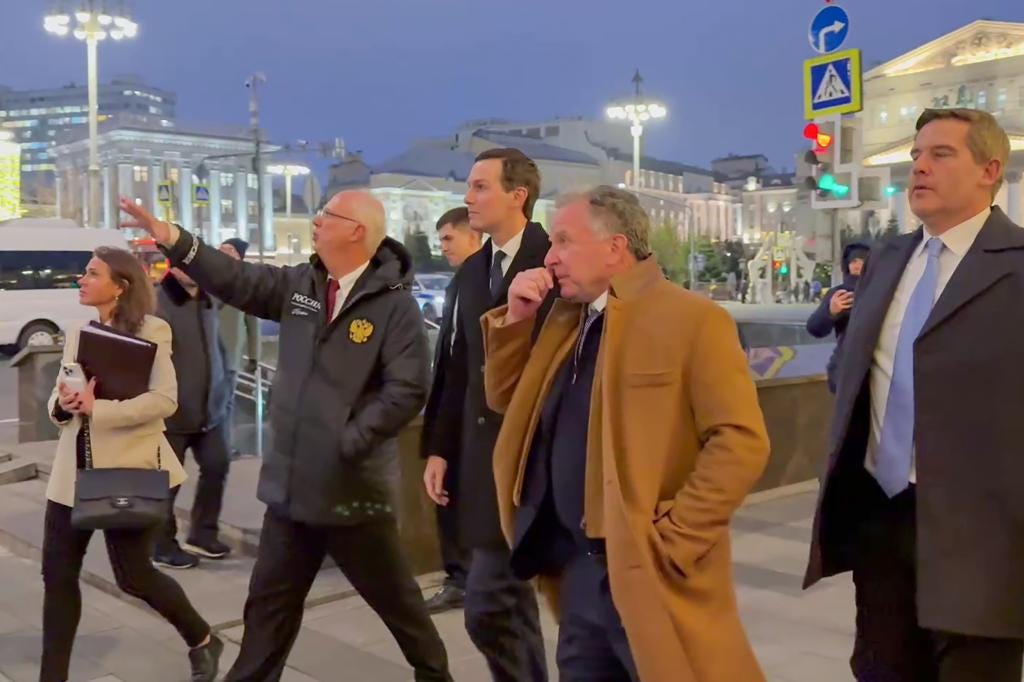 Russian Direct Investment Fund CEO Kirill Dmitriev points while walking with Jared Kushner and Steve Witkoff in Moscow.