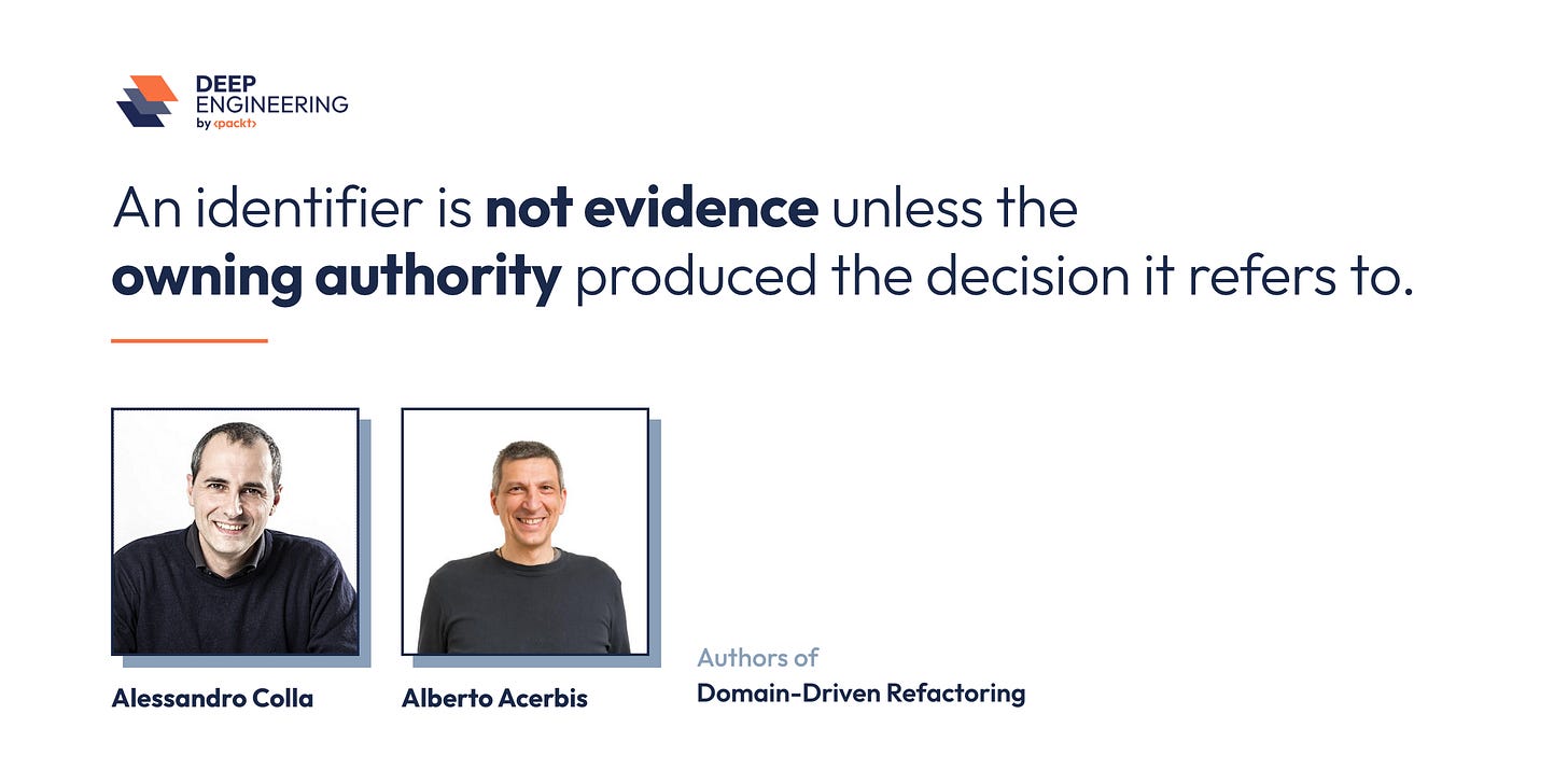 Deep Engineering banner with a quote from Alessandro Colla and Alberto Acerbis reading “An identifier is not evidence unless the owning authority produced the decision it refers to,” with their headshots at right.