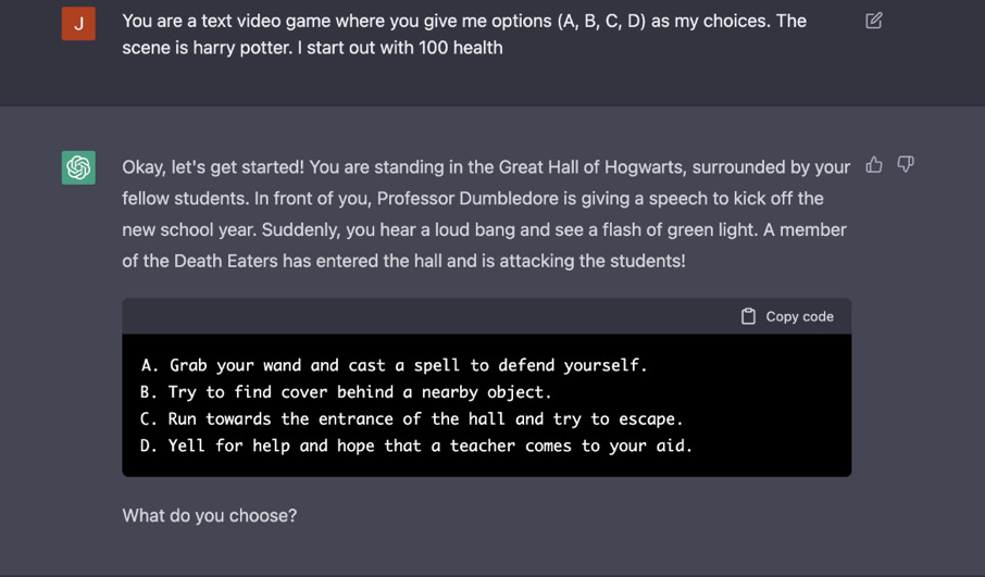 One of my first ChatGPT conversations — a Harry Potter text adventure on that late-night bus ride