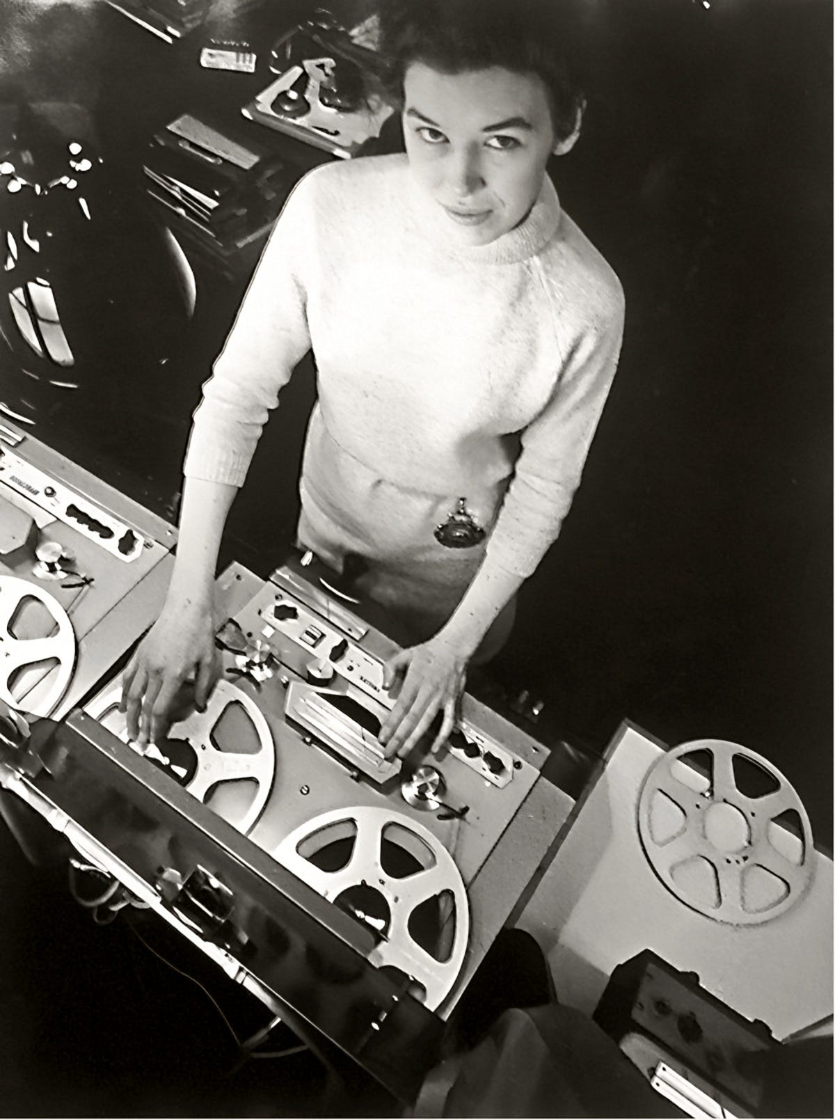 Delia Derbyshire operating reel-to-reel tape recorders for electronic music production Delia Derbyshire operating reel-to-reel tape recorders for electronic music production