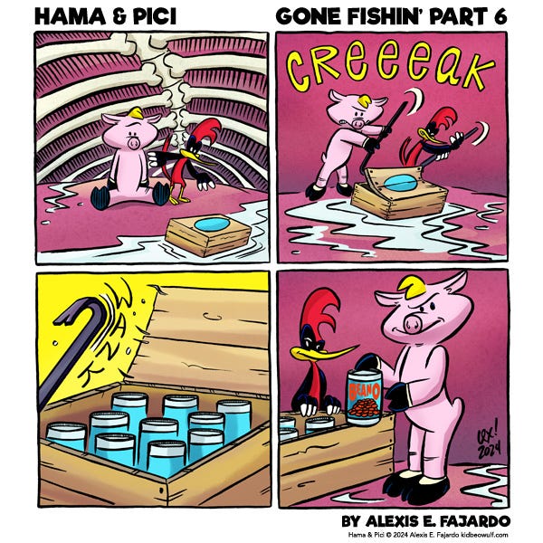 Hama and Pici are in the belly of the giant fish. A crate floats in. Hama pries open the crate with a crow bar. Creak! The crate lid pops off. Wank! Pici pulls out a can. Beano. Hama and Pici both raise their eyebrows.