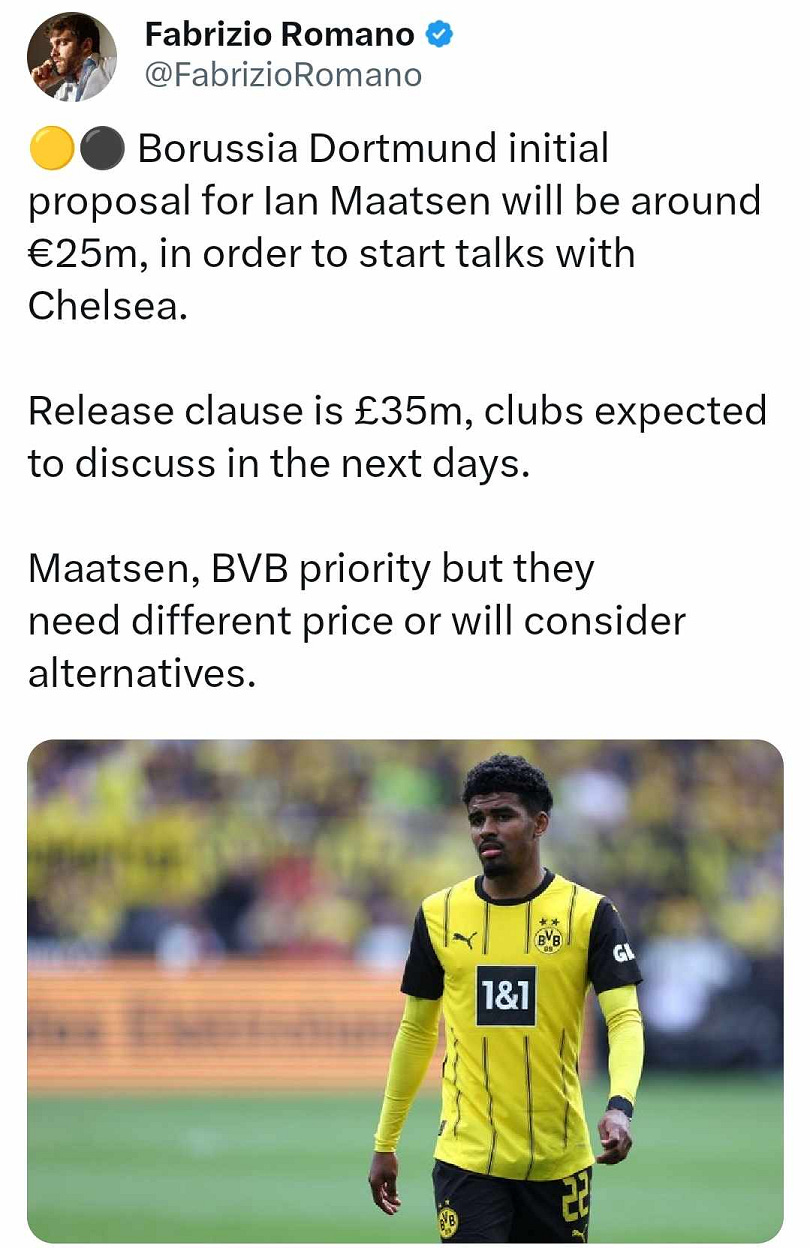 A tweet by Fabrizio Romano about Ian Maatsen