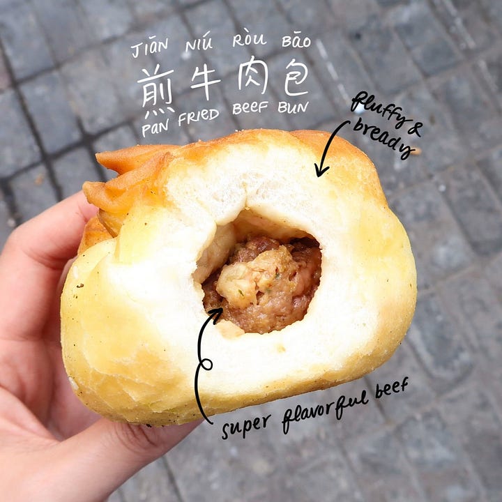 Pan-fried beef buns (牛肉煎包, niúròu jiān bāo)
