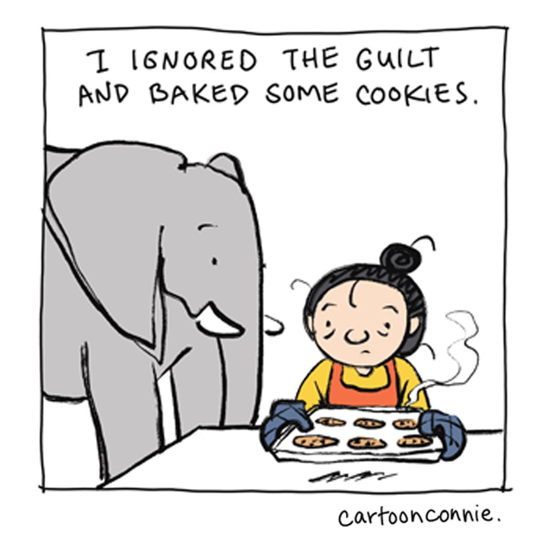 Excerpted panel from a comic strip illustrating a girl with a bun taking a break from social media and baking cookies for an elephant. Original art by Connie Sun, cartoonconnie, 2026.