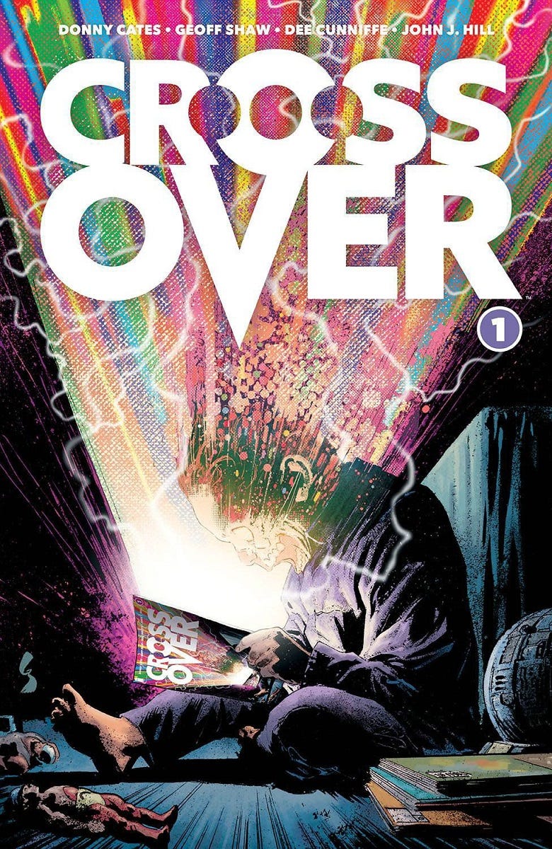 The cover of the "Crossover" graphic novel, as a comic book sends bolts of colorful energy into a reader's face. 