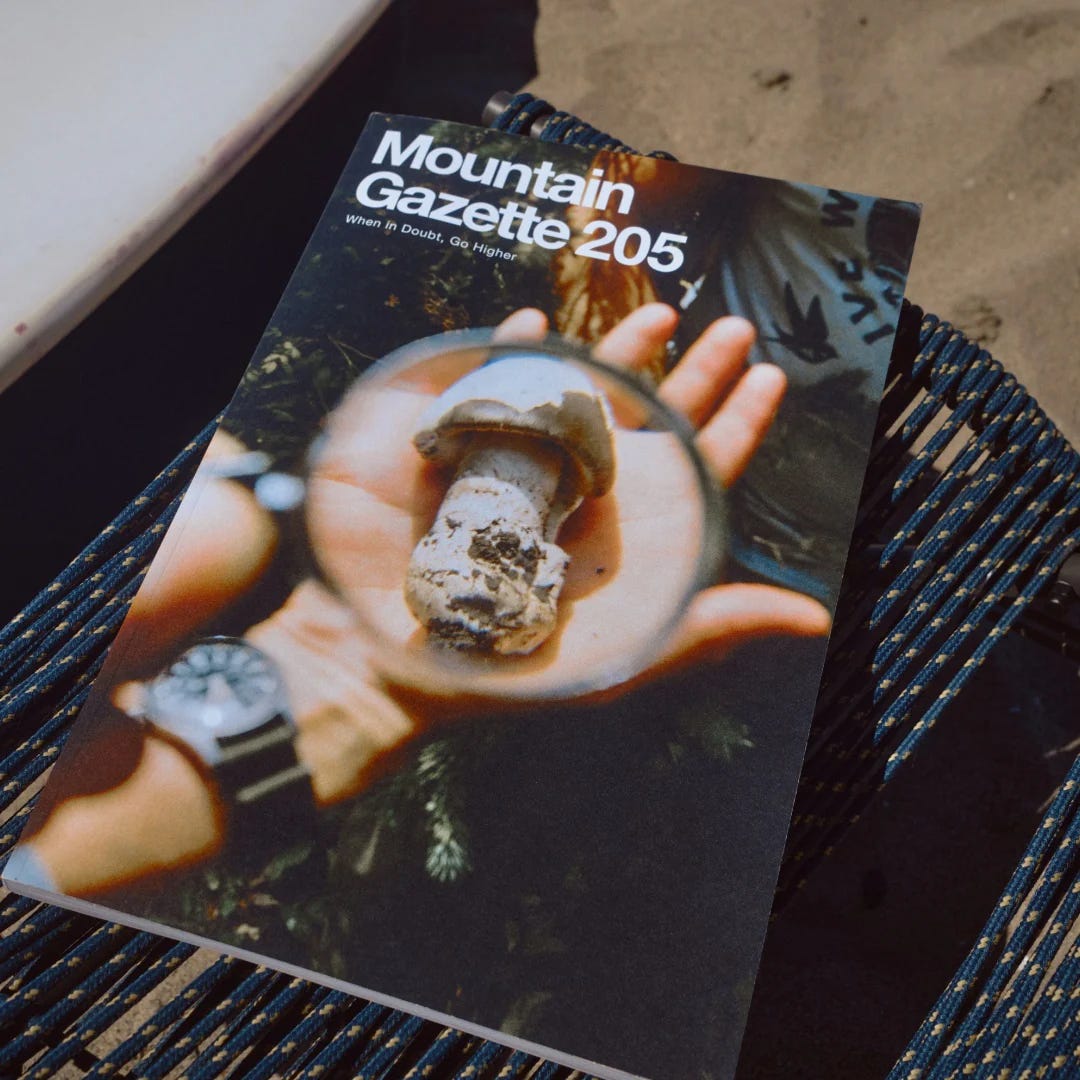 The cover of Mountain Gazette 205 features a film photograph of a magnifying glass focused on a mushroom in the author's hand.
