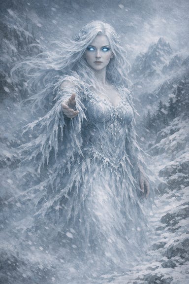 Snow Maiden standing in a snowy mountain pass, ethereal and safe depiction