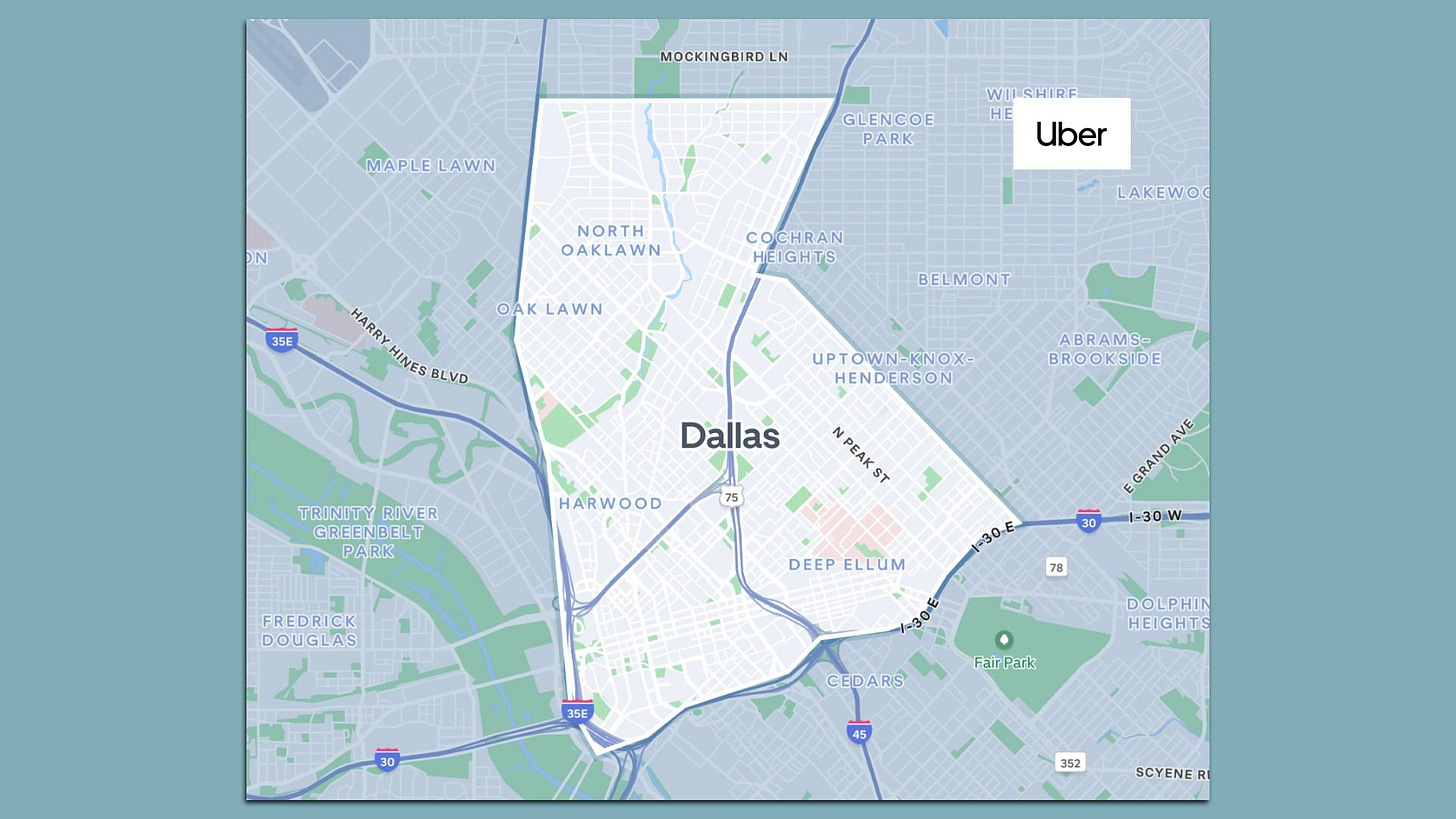 Map highlighting central Dallas neighborhoods including Oak Lawn, Deep Ellum, Uptown, Downtown and the Harwood district, with major roads 35E, 30, and 45 visible. Uber logo on right. Map highlighting central Dallas neighborhoods including Oak Lawn, Deep Ellum, Uptown, Downtown and the Harwood district, with major roads 35E, 30, and 45 visible. Uber logo on right.
