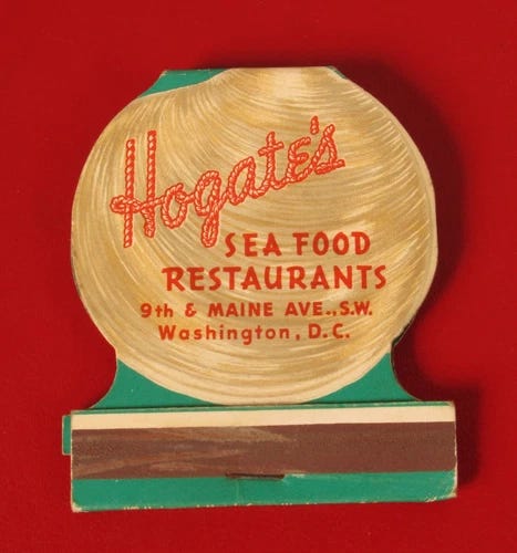 HOGATE'S HOGATES SEA FOOD SEAFOOD RESTAURANTS CLAM SHELL MATCHBOOK WASHINGTON DC - Picture 1 of 1