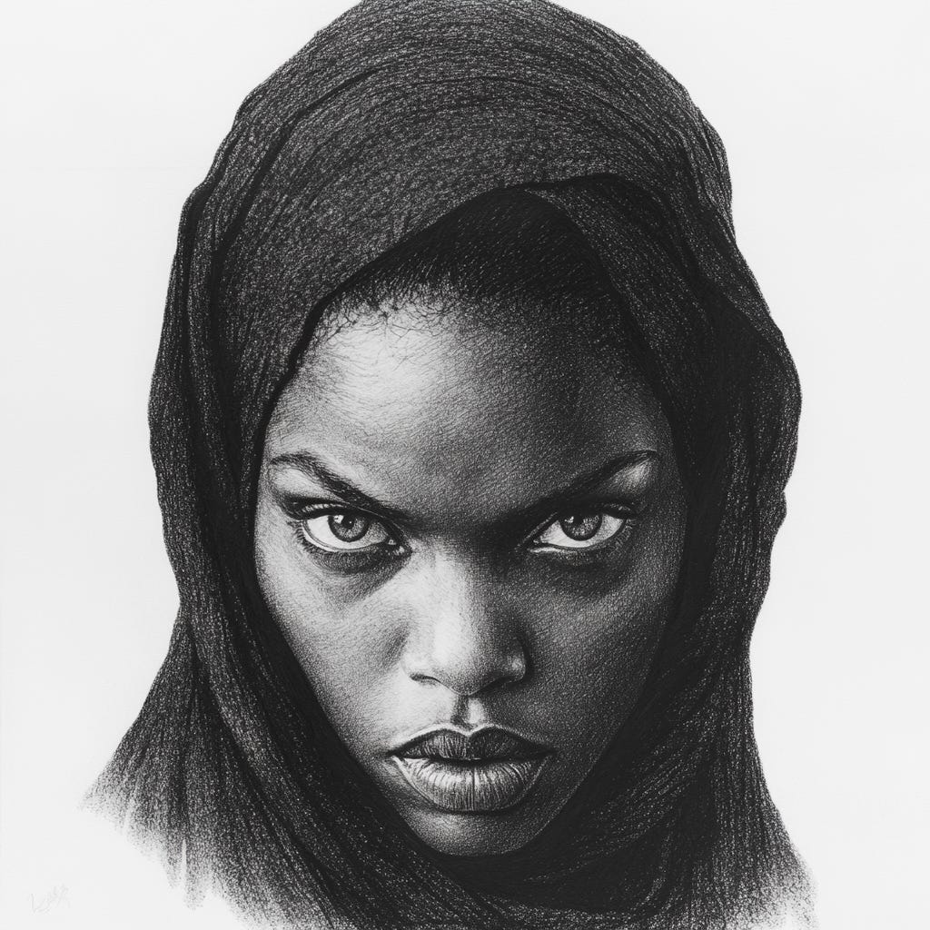 black woman with her head wrapped. Image created by author on Midjourney.