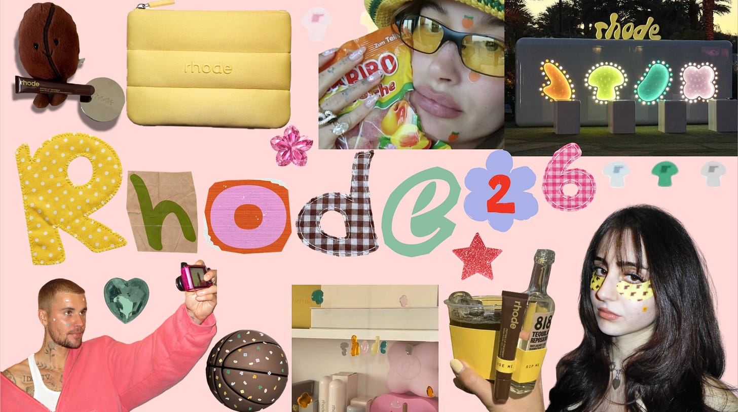 A vibrant moodboard featuring Rhode skincare products, Hailey Bieber, and 1980s retro-inspired branding elements for the Bieberchella collection.