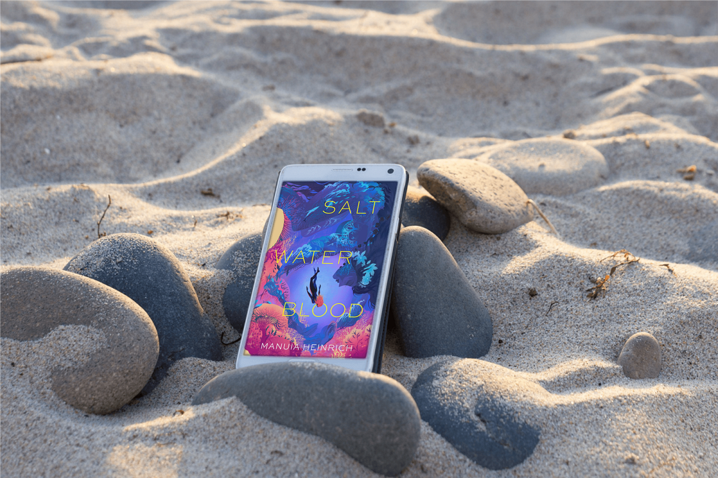 Book "Salt Water Blood" on a tablet sitting on stones on the beach Book "Salt Water Blood" on a tablet sitting on stones on the beach