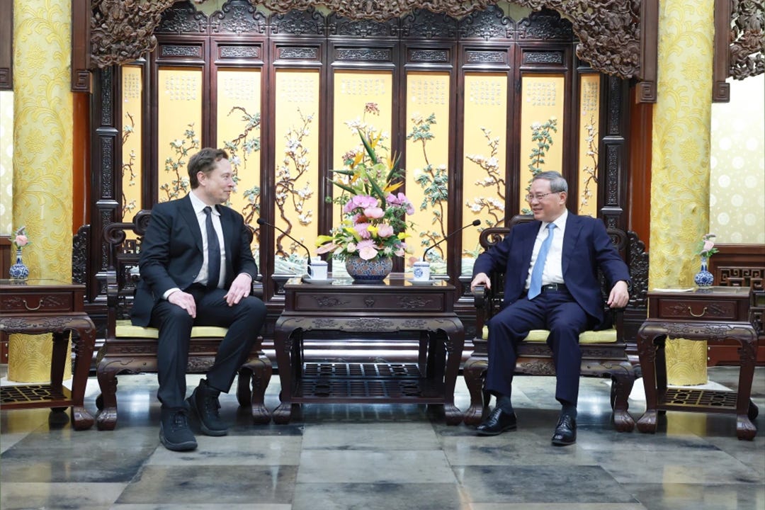 Tesla CEO Elon Musk meets Premier Li Qiang at Diaoyutai State Guesthouse in Beijing Sunday. Photo: Xinhua