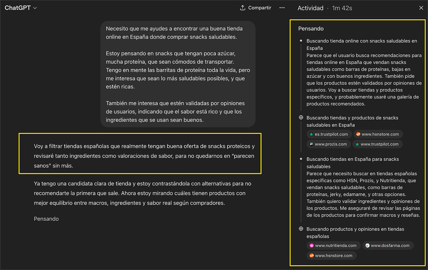 ChatGPT haciendo una búsqueda avanzada y compartiendo sus "pensamientos" ChatGPT haciendo una búsqueda avanzada y compartiendo sus "pensamientos"