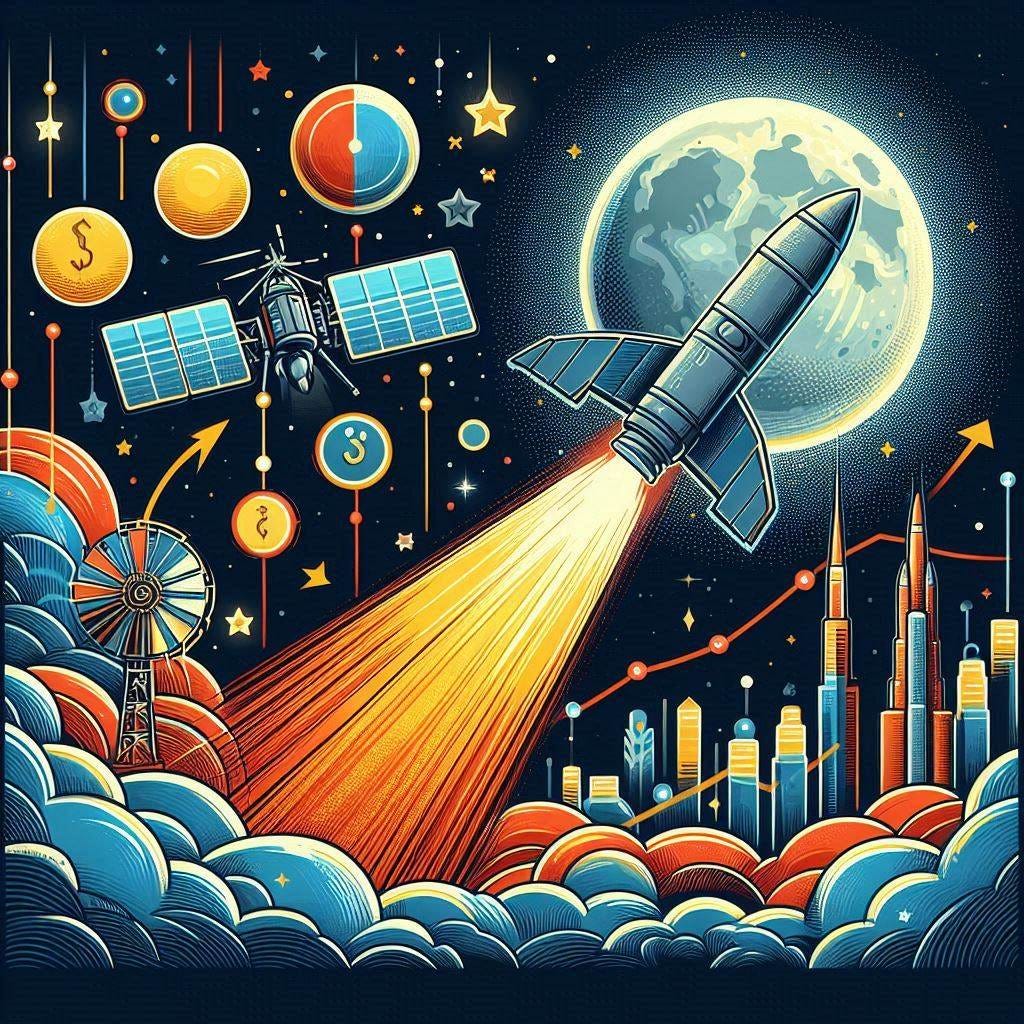 graphic illustration of a satellite stock going to the moon rocket 