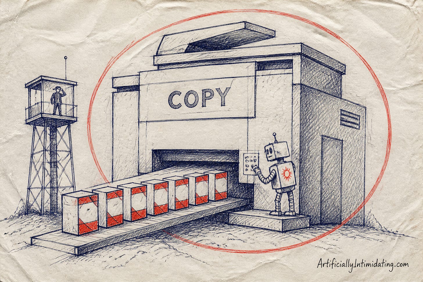 A house-sized photocopier labeled COPY stamping out seven identical red-and-white software boxes on a conveyor belt while a small robot works the controls and a lone figure watches from a guard tower.