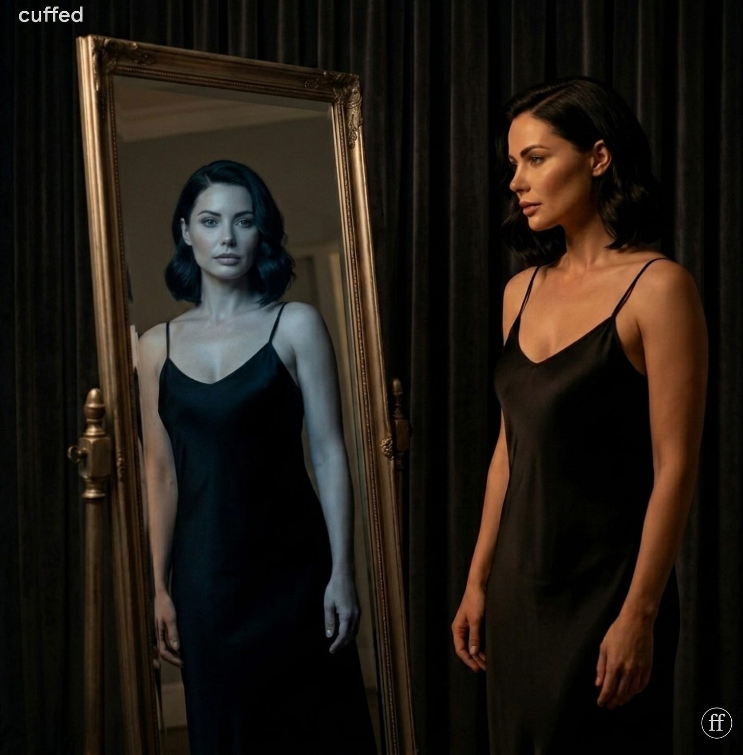 Cinematic 1:1 image of Daphne Quinn in a black silk slip standing before an antique mirror in a dim luxury interior. Warm light on her real figure, cooler tone in the reflection. The reflection looks directly at the viewer, composed and controlled, creating subtle emotional asymmetry and tension. Cinematic 1:1 image of Daphne Quinn in a black silk slip standing before an antique mirror in a dim luxury interior. Warm light on her real figure, cooler tone in the reflection. The reflection looks directly at the viewer, composed and controlled, creating subtle emotional asymmetry and tension.