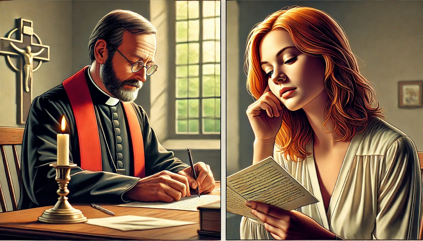 A photo-realistic, comic-style scene of a reverend writing a letter and a strawberry blonde woman reading it. In one frame, the reverend, in his early 60s and dressed in clerical attire, sits at a wooden desk in a warmly lit room, thoughtfully writing a letter. In the second frame, the strawberry blonde woman in her early 40s receives the letter and reads it with a reflective expression, perhaps sitting by a window with soft daylight illuminating her face. The scenes are rendered with high detail, capturing a contemplative and sincere tone.