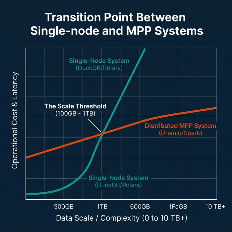 Performance-cost threshold graph showing single-node vs MPP execution efficiency zones based on data scale