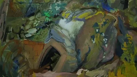 Robjn Cantus A close-up of an impressionistic landscape, painted in varies shades of green and flashes of yellow. It shows a hillside, partly held up by a brick wall, and a dark opening into the hill.