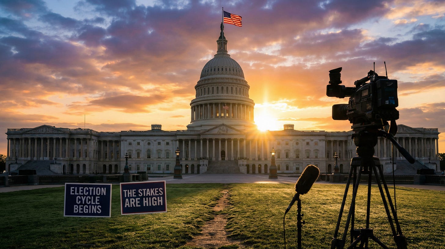 AI-generated illustration of the United States Capitol at dawn on voting day.