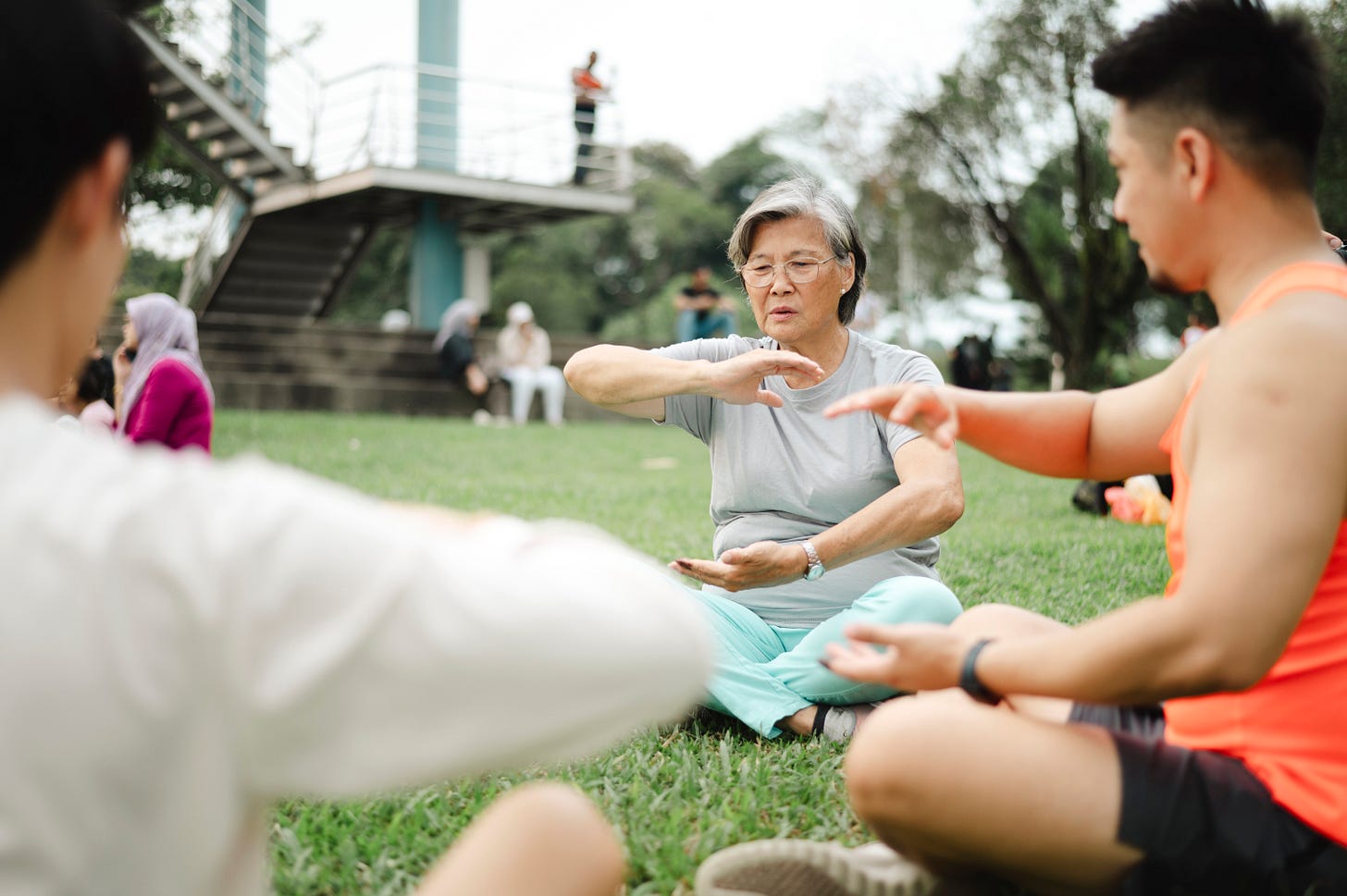Group of adults sitting in a park doing tai chi.
