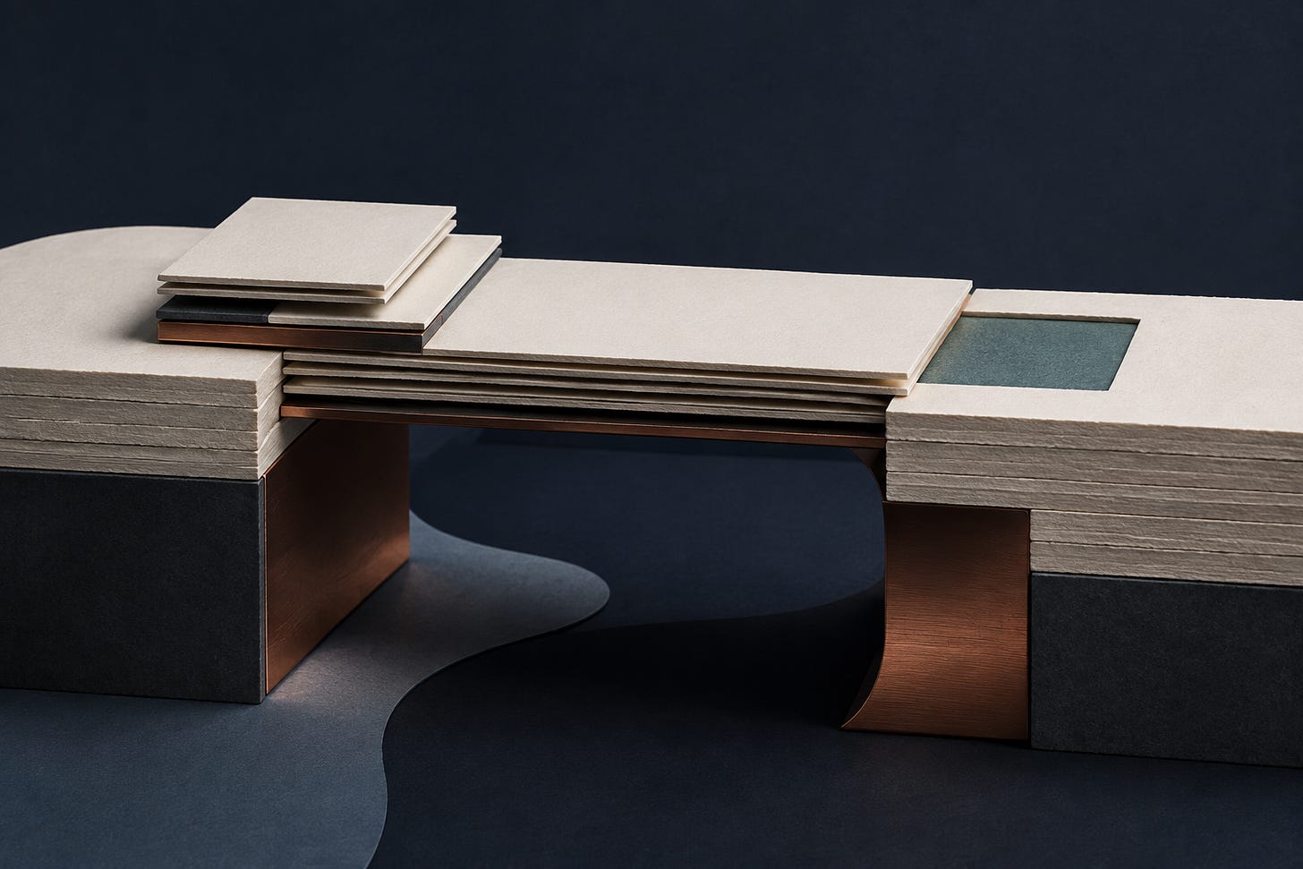 Layered blank paper and copper supports form a bridge over a dark gap, with a teal inset.