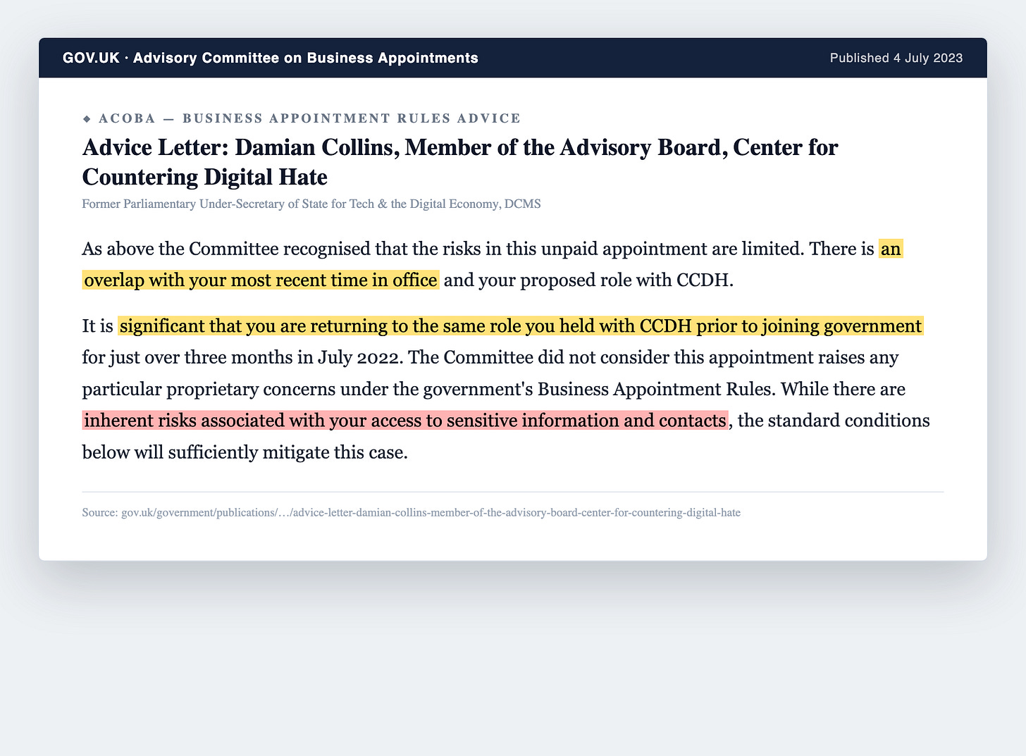 ACOBA advice letter on Damian Collins returning to the CCDH board