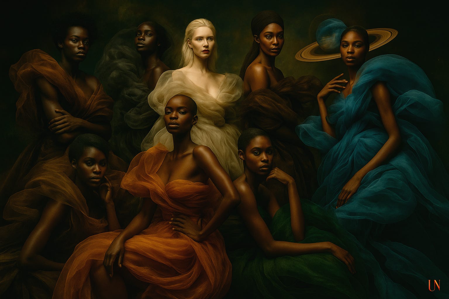 A cinematic group portrait of nine women arranged in a dark, atmospheric studio. Eight Black women in sculptural organza gowns—burnt orange, deep blue, moss green, and smoky brown—surround a pale white woman with platinum hair dressed in ivory. The organza moves like rising smoke and tide around their bodies. One figure wears a celestial Saturn halo made of layered teal organza. The lighting is dramatic and moody, casting warm highlights and deep shadows across the scene. The composition feels mythic, like an elemental council gathered in stillness.