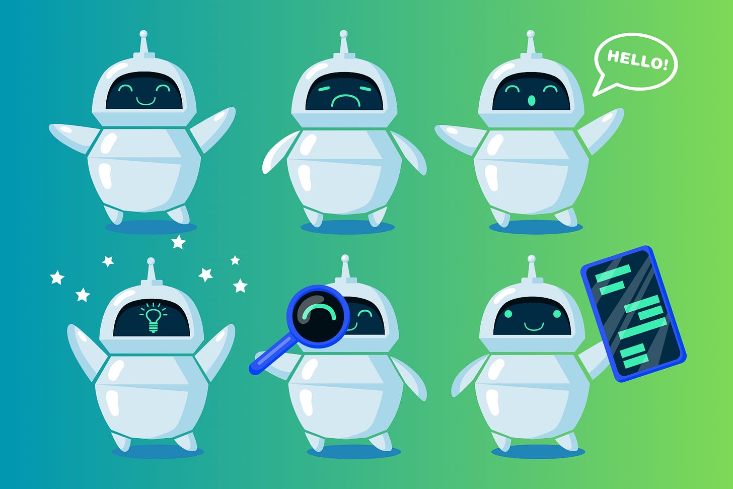 A series of six cartoon robots with rounded white bodies and black screens for faces, each expressing different emotions or actions: happy, sad, speaking with a speech bubble saying "Hello!", excited with stars and a light bulb on the screen, inspecting with a magnifying glass, and holding a large digital tablet. The background is a gradient of green to blue.