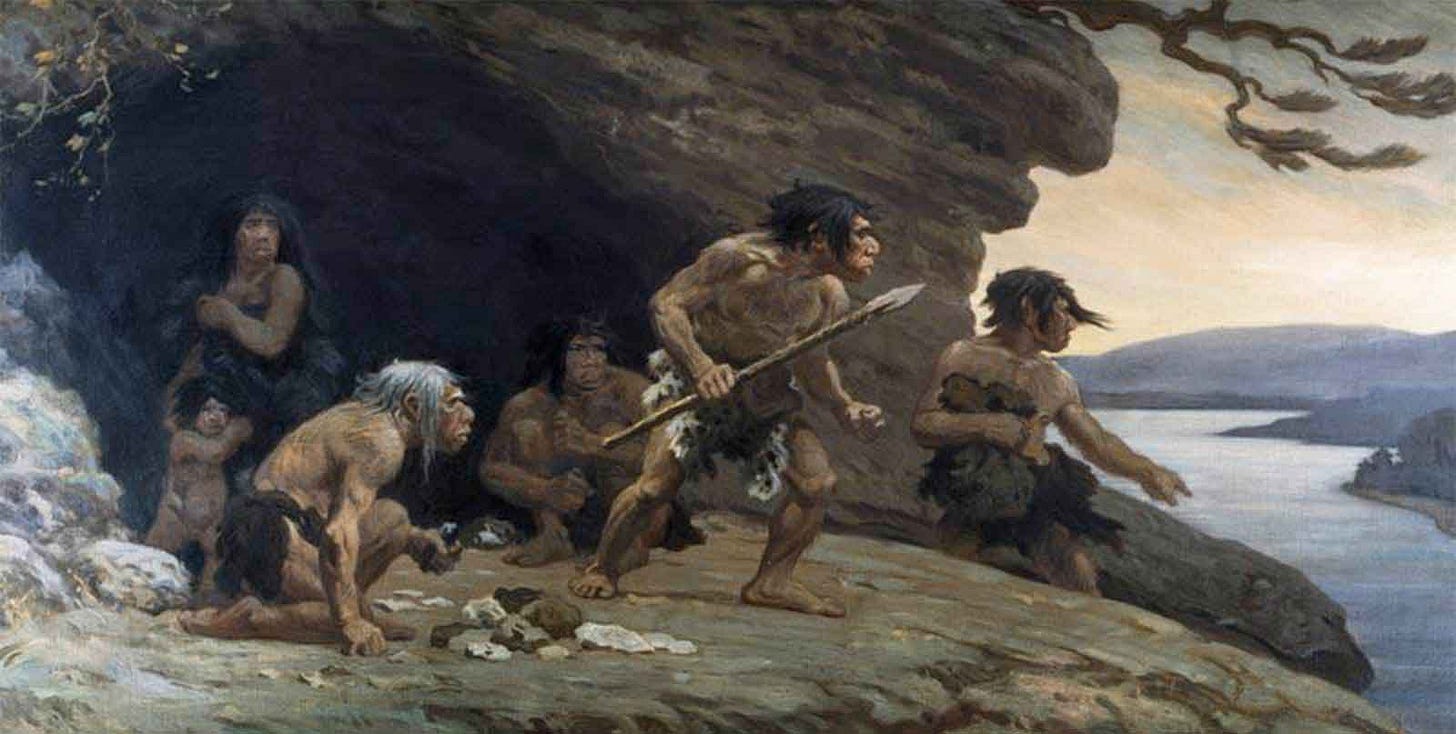 Neandertals standing and squatting outside a cave looking over a valley Neandertals standing and squatting outside a cave looking over a valley