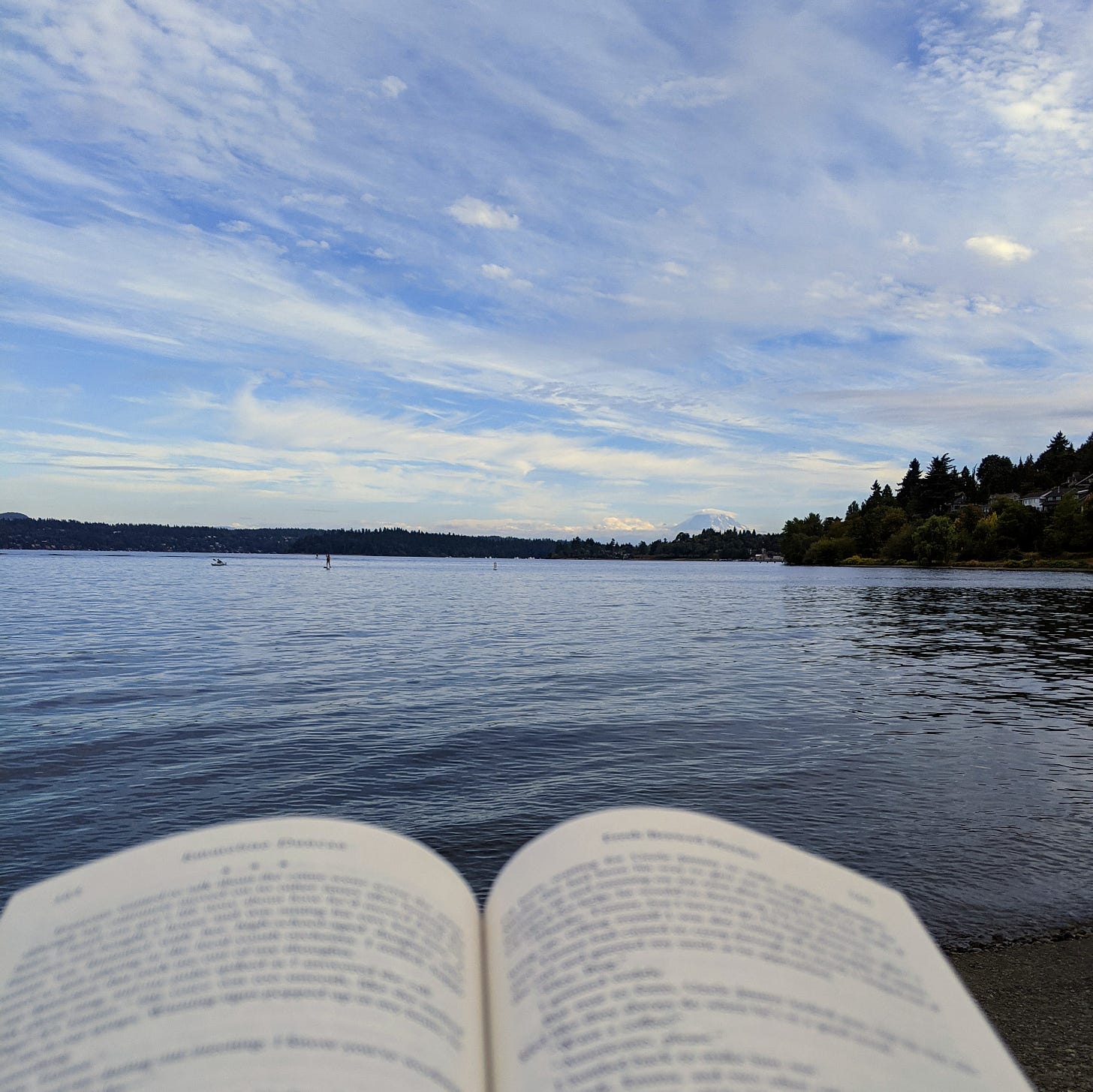 a book open in front of a lake