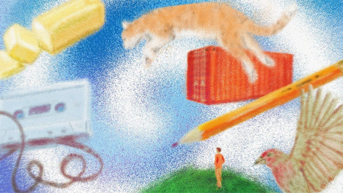Illustration of a floating cat, cassette tape, pencil, bird, eraser, and a person standing on a hill—all symbols reflecting life's passion—set against a blue and white background.