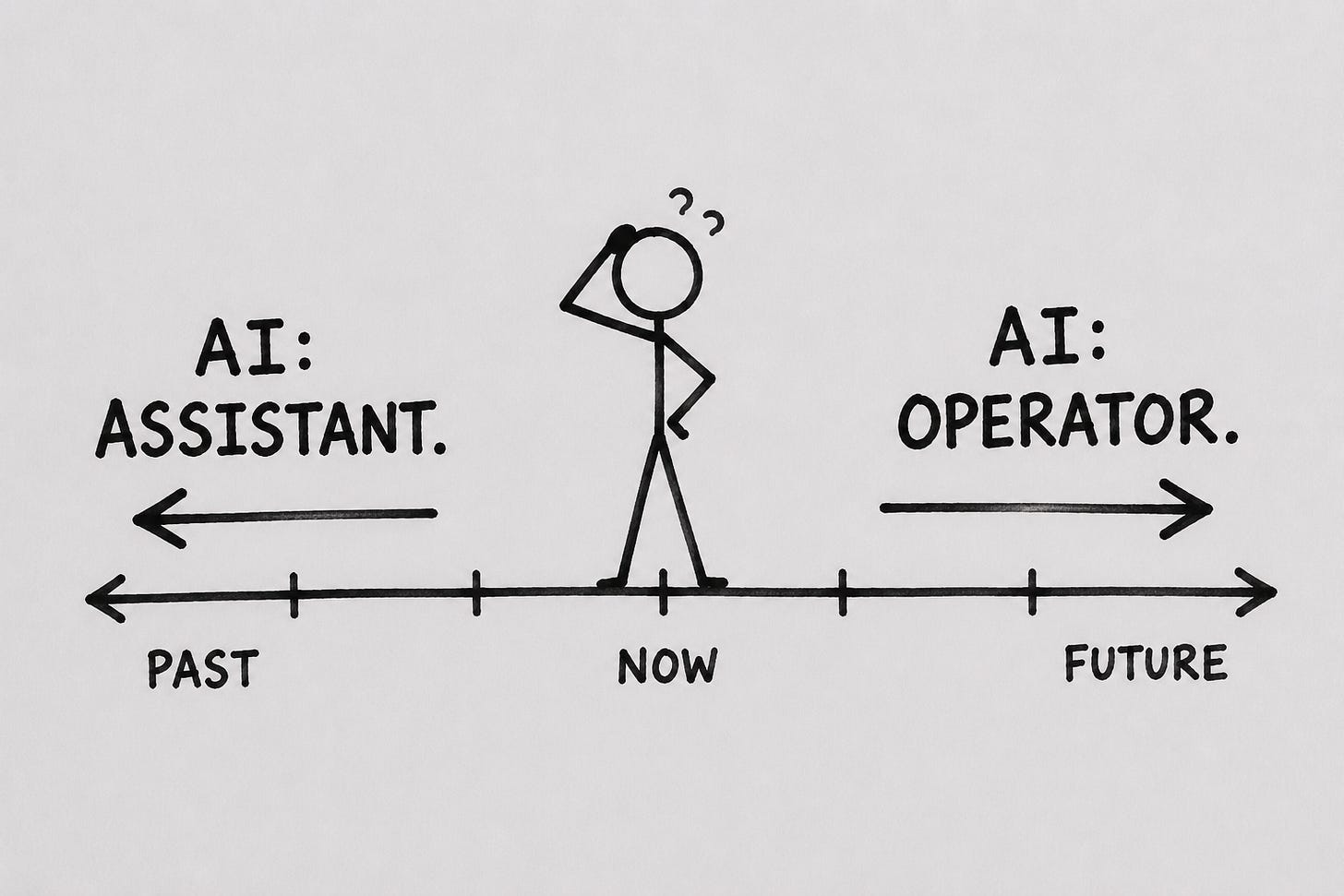 Hand-drawn black marker illustration of a stick figure standing on a timeline, scratching its head between two arrows. The left arrow points back toward "AI: ASSISTANT (PAST)." The right arrow points forward toward "AI: OPERATOR (FUTURE)." The figure stands at "NOW," visibly confused. Illustrates the shift from AI as drafting helper to autonomous publishing operator, the central frame of Nick Quick's piece on AI workflow boundaries, human-in-the-loop policy, and the Vetoprint methodology. Hand-drawn black marker illustration of a stick figure standing on a timeline, scratching its head between two arrows. The left arrow points back toward "AI: ASSISTANT (PAST)." The right arrow points forward toward "AI: OPERATOR (FUTURE)." The figure stands at "NOW," visibly confused. Illustrates the shift from AI as drafting helper to autonomous publishing operator, the central frame of Nick Quick's piece on AI workflow boundaries, human-in-the-loop policy, and the Vetoprint methodology.