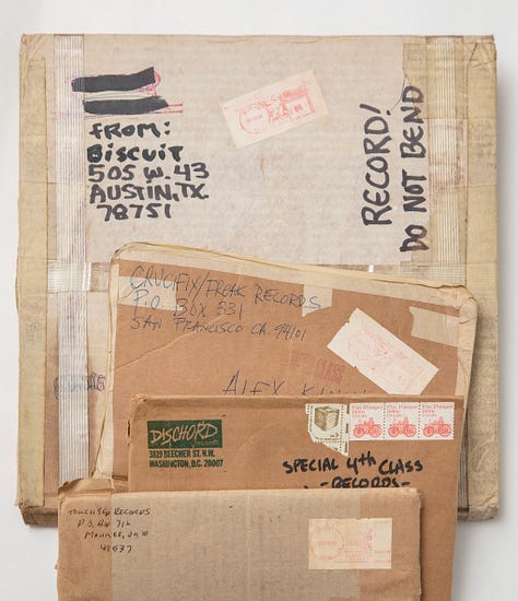 Photos of mail correspondence between Randy 'Biscuit' Turner of Big Boys, Pushead and Negative Approach, and Grant Matthews of Rudimentary Peni.
