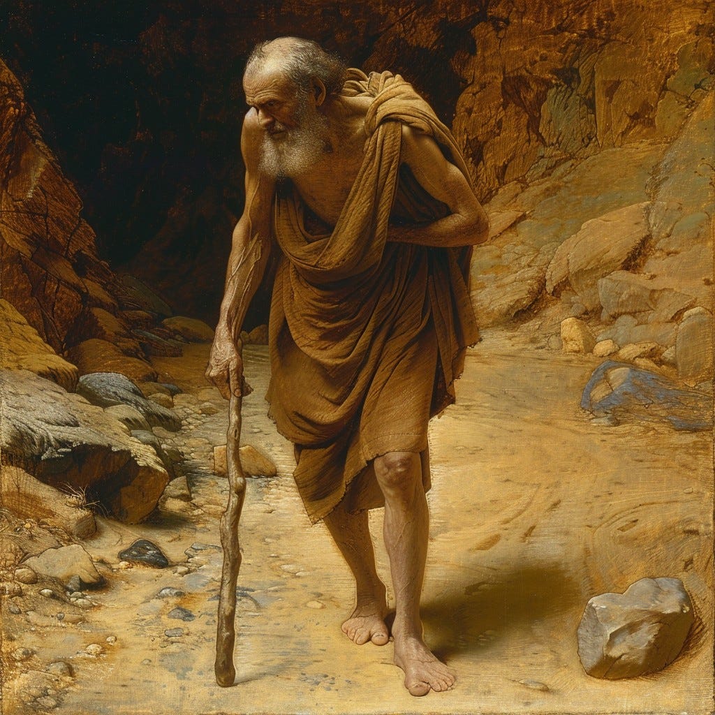 An elderly solitary figure in a desert, wandering alone with a staff in somber isolation An elderly solitary figure in a desert, wandering alone with a staff in somber isolation