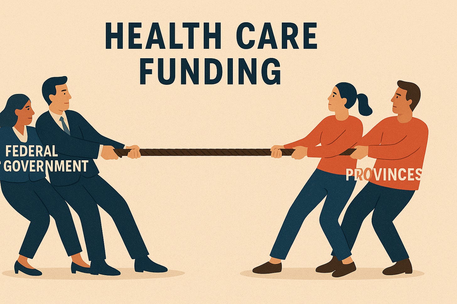 A stylized digital illustration of a tug-of-war between Ottawa and provincial premiers pulling on a rope wrapped around a large hospital labeled “Canadian Health Care.” Dollar signs dangle from the rope while weary doctors and nurses look on, symbolizing the ongoing political struggle over health-care funding in Canada.