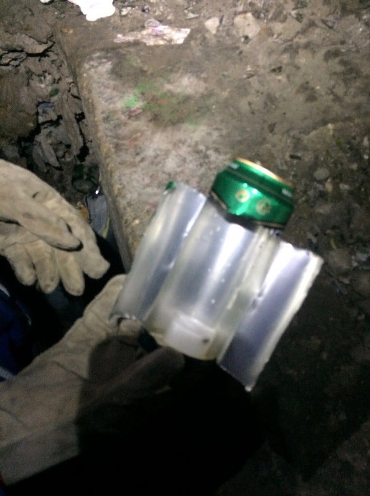 Catalamp, made out of beer can and candle, found near the entrance hole. The cataphiles had cleared it out of the catacombs...because it's okay to litter once you're outside. ;) Catalamp, made out of beer can and candle, found near the entrance hole. The cataphiles had cleared it out of the catacombs...because it's okay to litter once you're outside. ;)