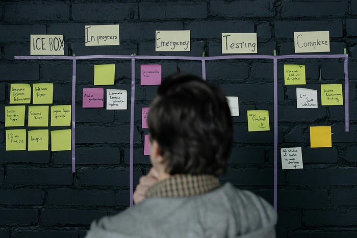 A person staring at a post-it note scrum board. There are categories like in progress, emergency, testing, and complete, with post-it notes below it. A person staring at a post-it note scrum board. There are categories like in progress, emergency, testing, and complete, with post-it notes below it.
